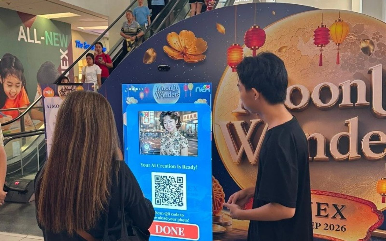 AI photobooth kiosk at a shopping-mall event, guest scanning the QR code to download the portrait
