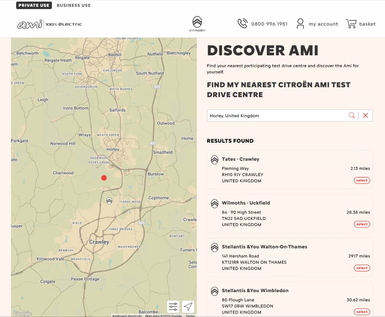 Citroën Ami test drive centre search interface