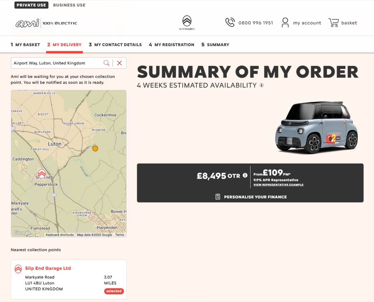 Citroën Ami order summary and collection point selection