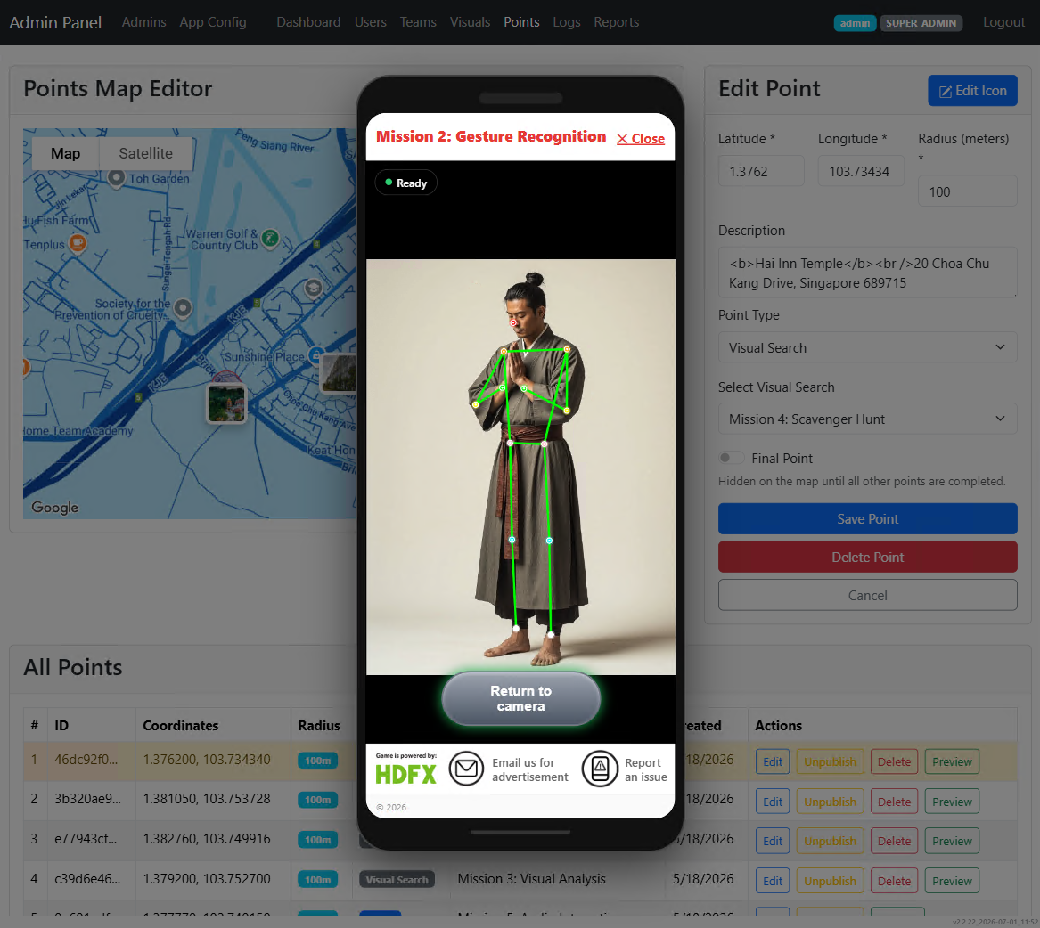Cultural Quest admin panel with the points map and a phone screen running pose recognition