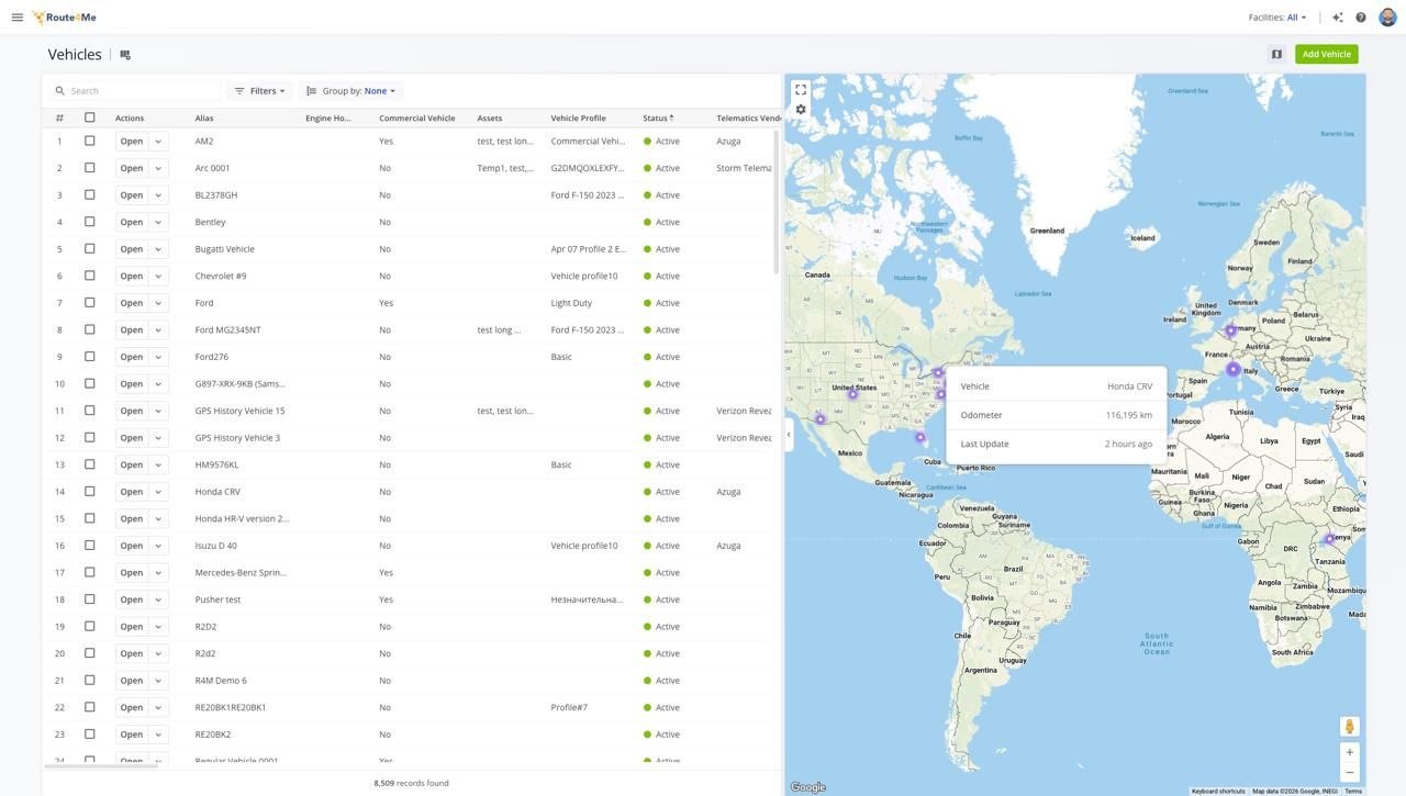 Route4Me vehicle management dashboard and map preview