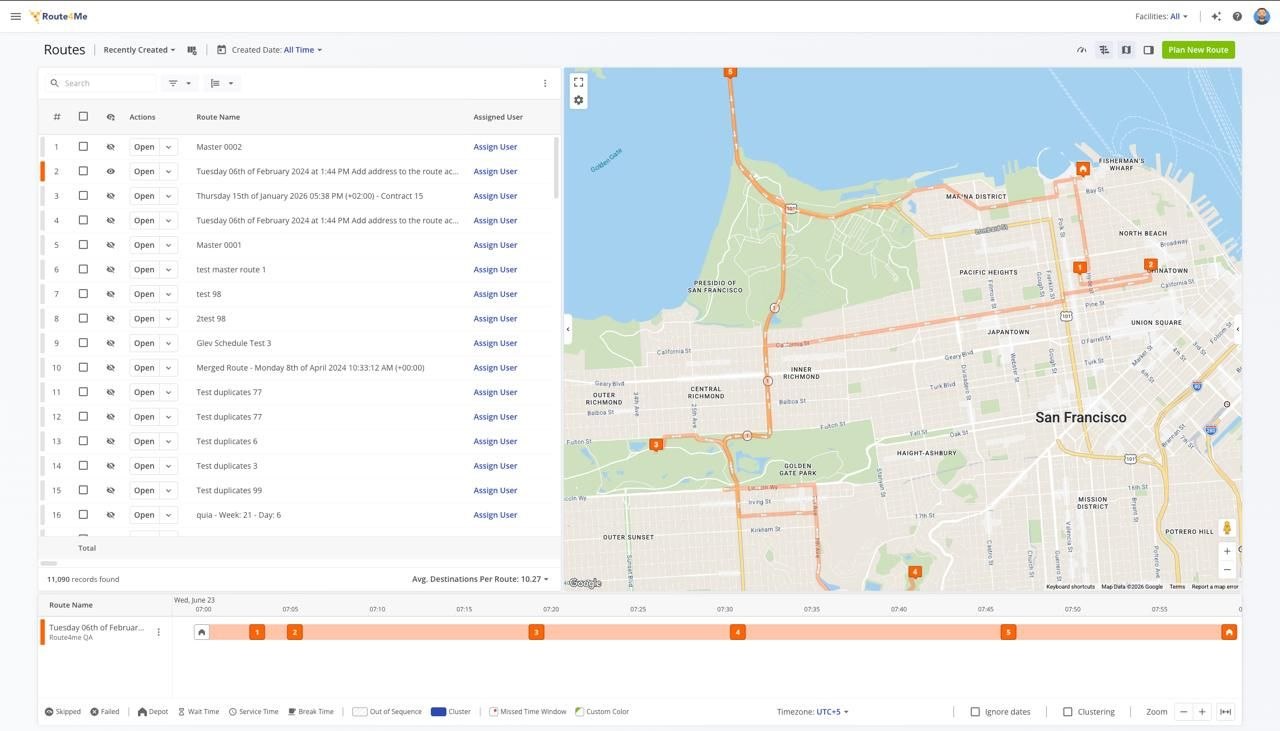 Route4Me routes list with map and timeline